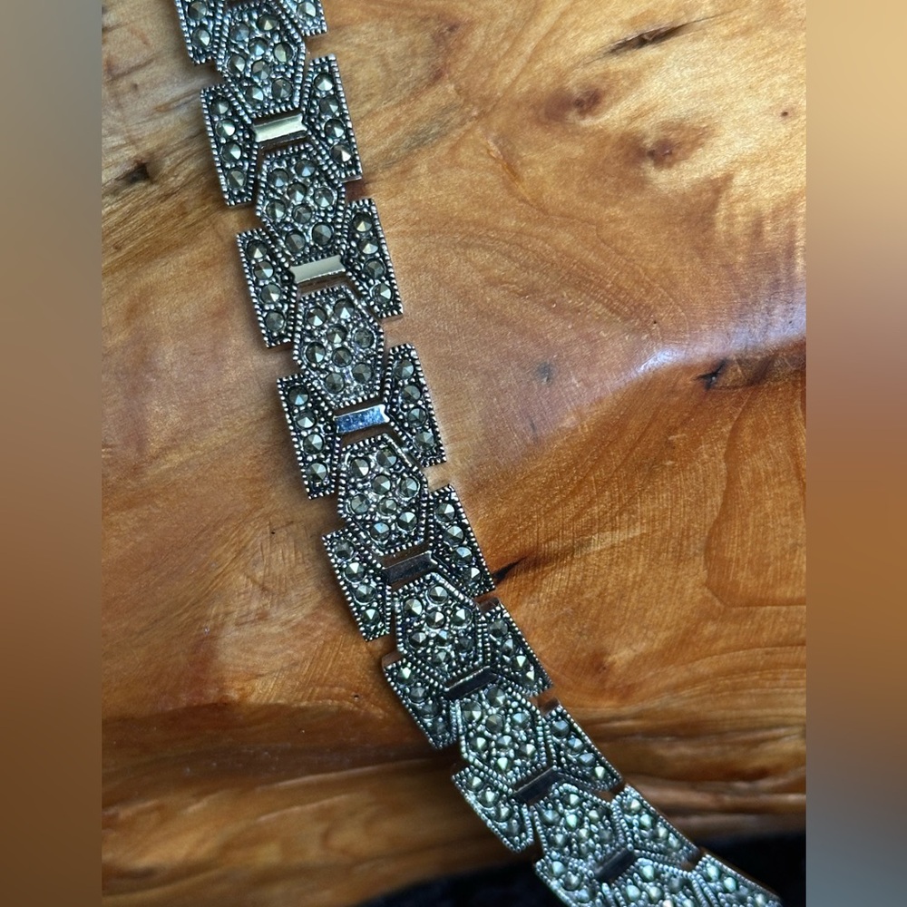 Marqasite and white metal marked PL Art Deco bracelet circa 1980s